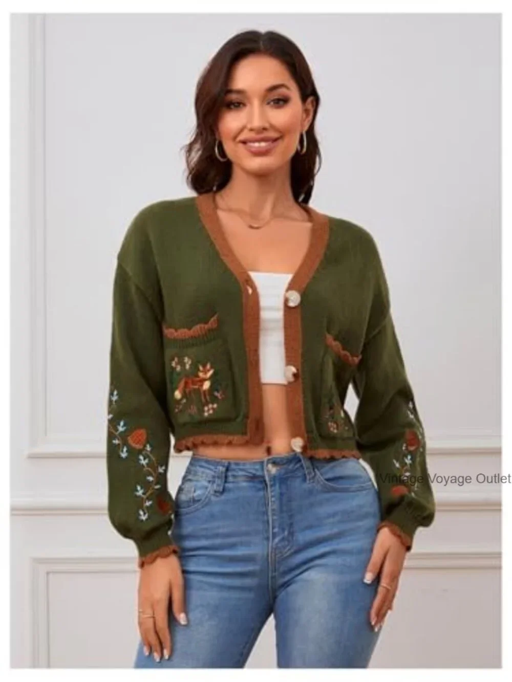 Embroidered Floral Cropped Cardigan V-Neck Boho Open Front Cardigan - Picture 5 of 7